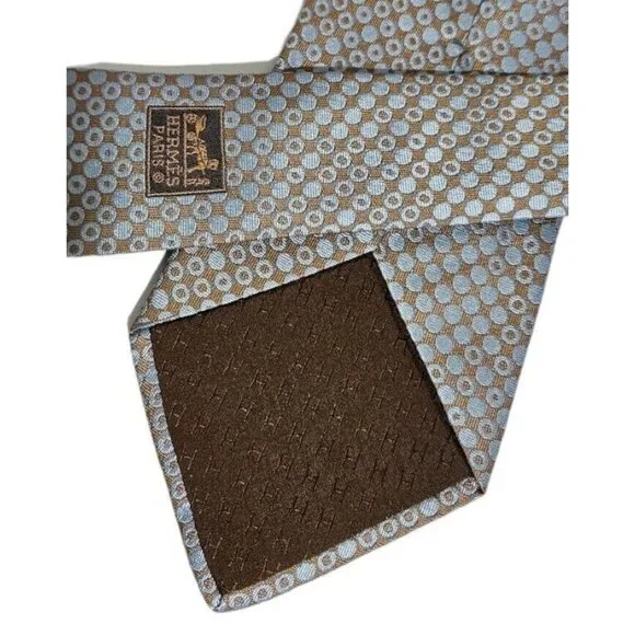 HERMÈS Men's 100% Silk Necktie LUXURY Tie XL Blue Beige Geometric W:3.6" EUC